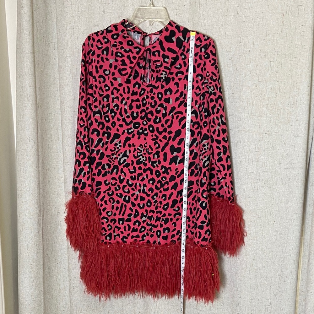 Stylish Leopard Print Shift Dress with Red Fluffy Accent cuffs and hem